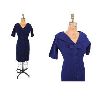 Vintage 1950s Wool Dress Navy Blue Fitted Button Down Sheath | W 26"